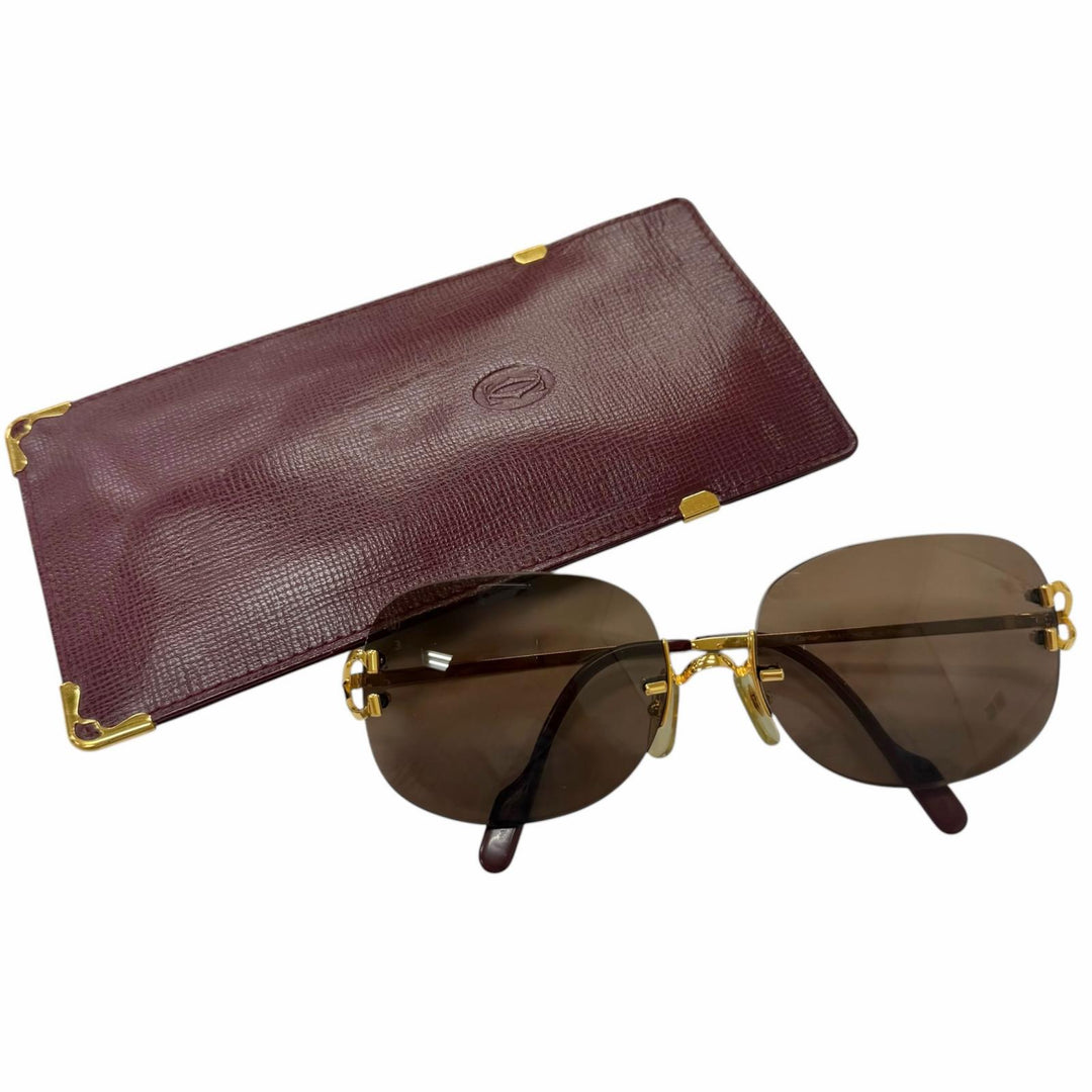 美品□Cartier カルティエ ヴィンテージ 2Ｃデコール リムレス ツーポイント サングラス ゴールド ボルドー □16 度入り フランス製