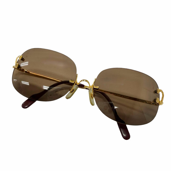美品□Cartier カルティエ ヴィンテージ 2Ｃデコール リムレス ツーポイント サングラス ゴールド ボルドー □16 度入り フランス製