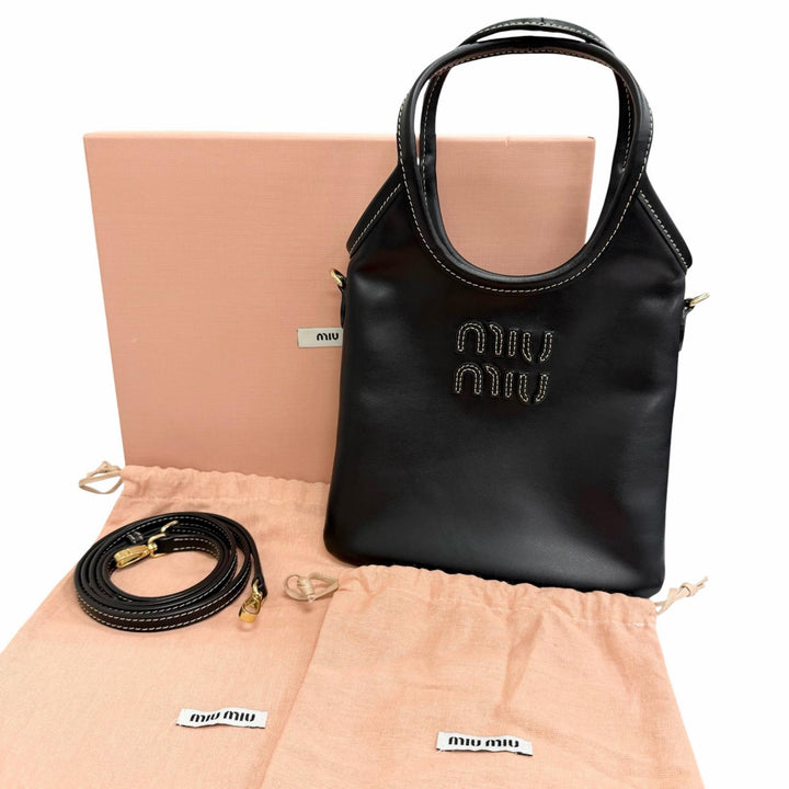 未使用品△MIUMIU ミュウミュウ 5BA281 IVY アイビー レザー ロゴ 2WAY ハンドバッグ ショルダーバッグ ブラック 伊製 箱・保存袋付き