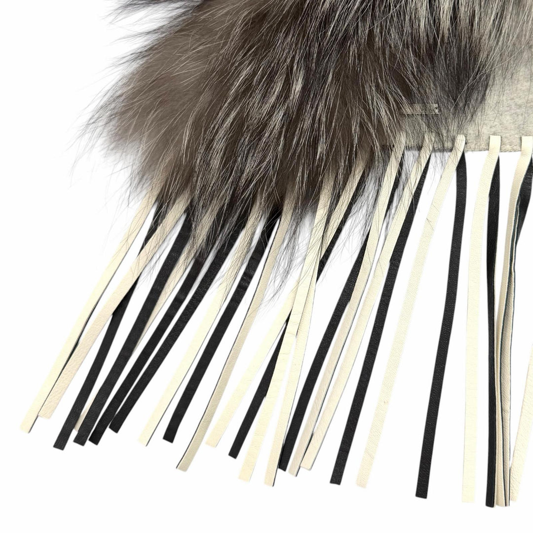 極美品★FENDI フェンディ FVG494 FOXファートリミング レザー使い フリンジ付 ケープ ポンチョ ライトグレー イタリア製 正規品