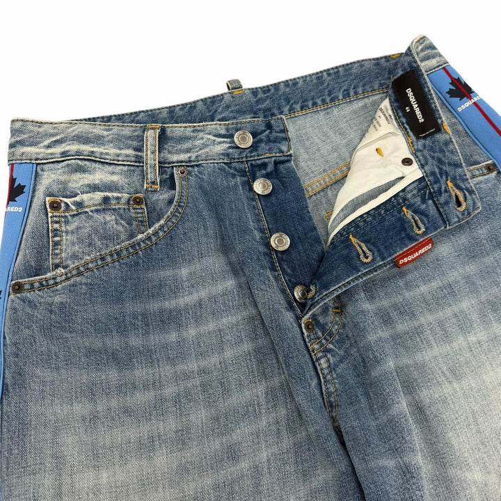 美品▼DSQUARED2 ディースクエアード 2024年製 S74LB1419 サイドロゴライン ボタンフライ ワイド デニムパンツ ブルー 44 正規品 メンズ