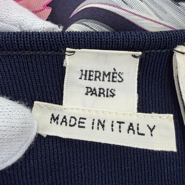 極美品☆HERMES エルメス シルク100％ フローラルプリント レイヤードデザイン ニット ワンピース ネイビー系 34 イタリア製 レディース