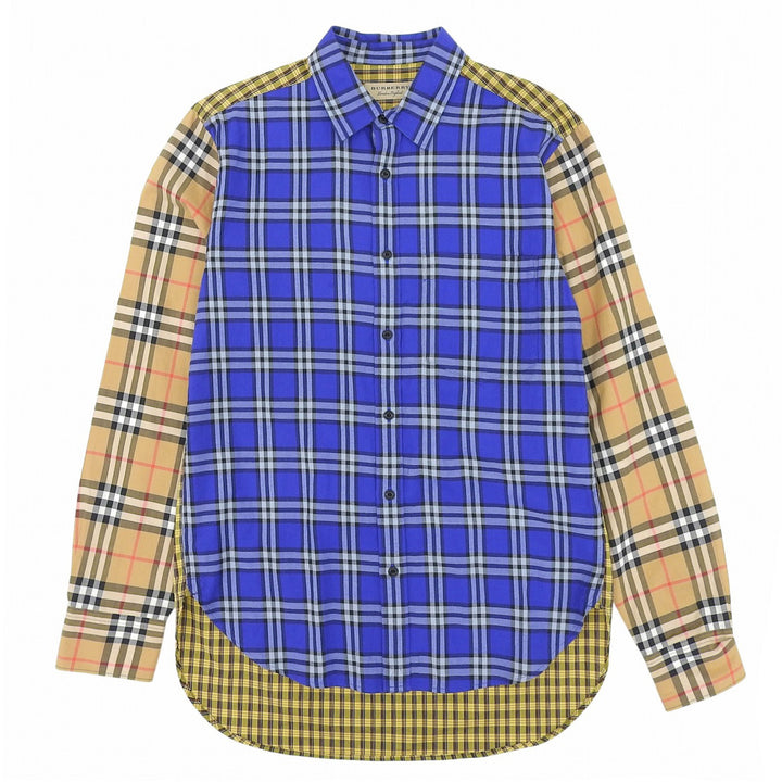 極美品▲BURBERRY バーバリー 8002553 コットン100％ ロゴボタン ノバチェック切替 クレイジーパターン 長袖シャツ M 正規品 メンズ