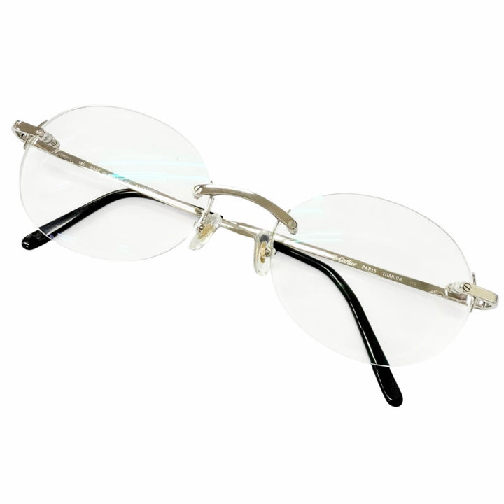 美品□Cartier カルティエ サントス ドゥ カルティエ リムレス オーバル メガネ 眼鏡 アイウェア シルバー ブラック □20 度入り 仏製