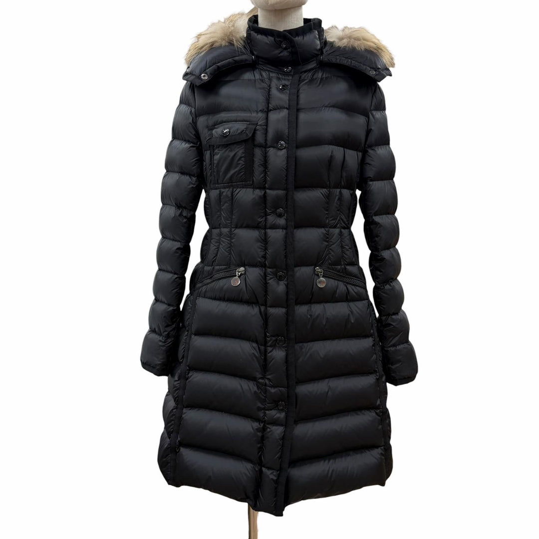 美品◇MONCLER モンクレール HERMIFUR エルミファー ロゴワッペン ファー フード付き ダウンコート ブラック 1 正規品 レディース