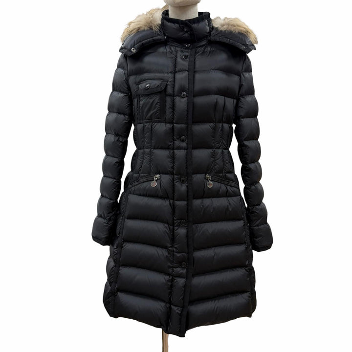 美品◇MONCLER モンクレール HERMIFUR エルミファー ロゴワッペン ファー フード付き ダウンコート ブラック 1 正規品 レディース