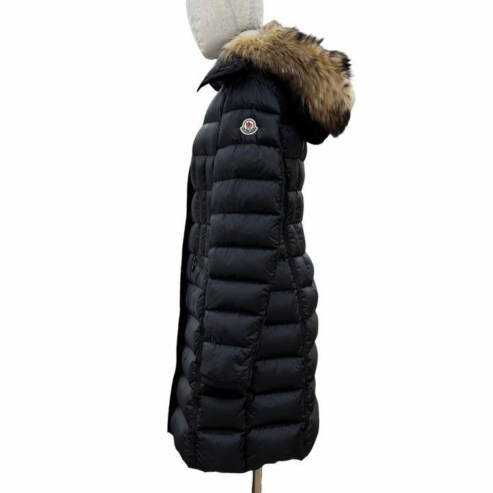 美品◇MONCLER モンクレール HERMIFUR エルミファー ロゴワッペン ファー フード付き ダウンコート ブラック 1 正規品 レディース
