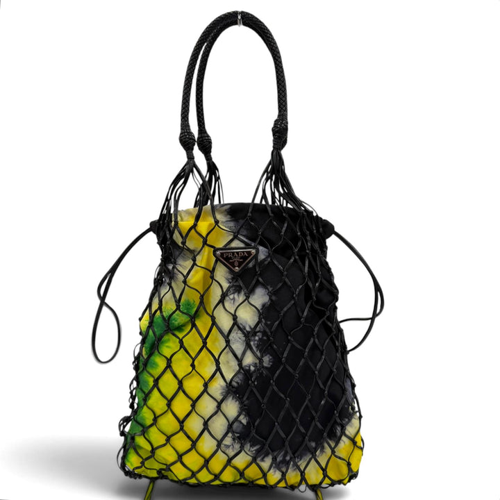 美品☆PRADA プラダ 1BC072 トライアングルロゴ レザー使い メッシュ トートバッグ ハンドバッグ ブラック イエロー系 伊製 レディース