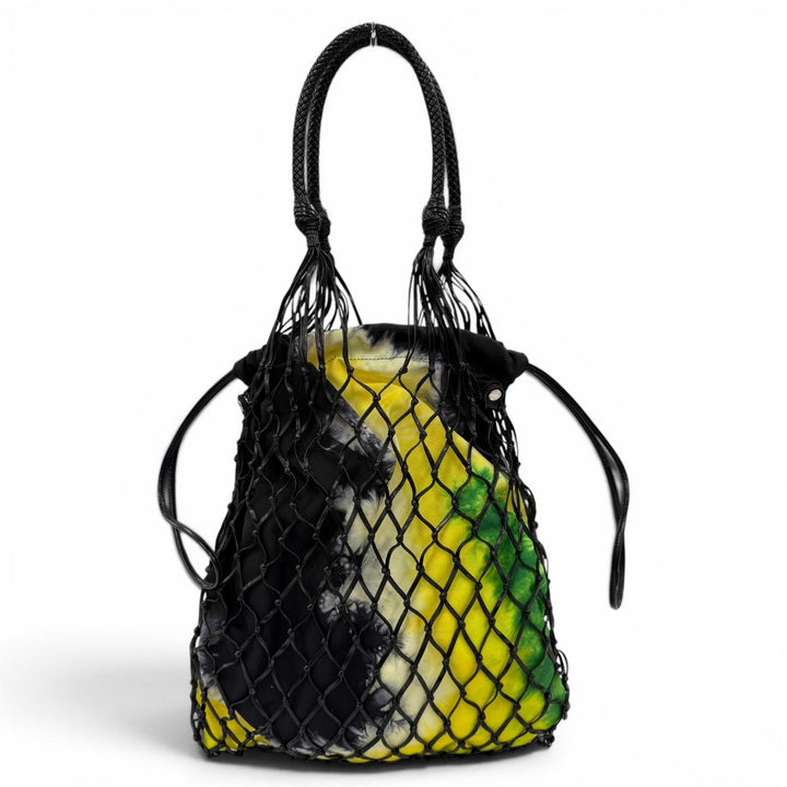 美品☆PRADA プラダ 1BC072 トライアングルロゴ レザー使い メッシュ トートバッグ ハンドバッグ ブラック イエロー系 伊製 レディース