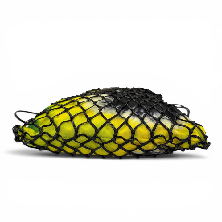 美品☆PRADA プラダ 1BC072 トライアングルロゴ レザー使い メッシュ トートバッグ ハンドバッグ ブラック イエロー系 伊製 レディース