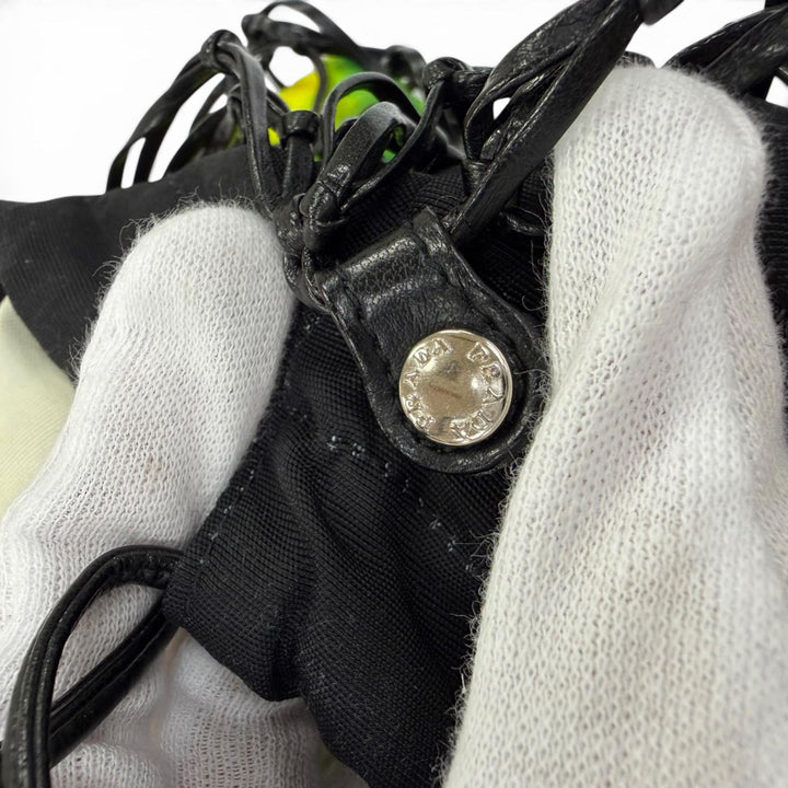 美品☆PRADA プラダ 1BC072 トライアングルロゴ レザー使い メッシュ トートバッグ ハンドバッグ ブラック イエロー系 伊製 レディース