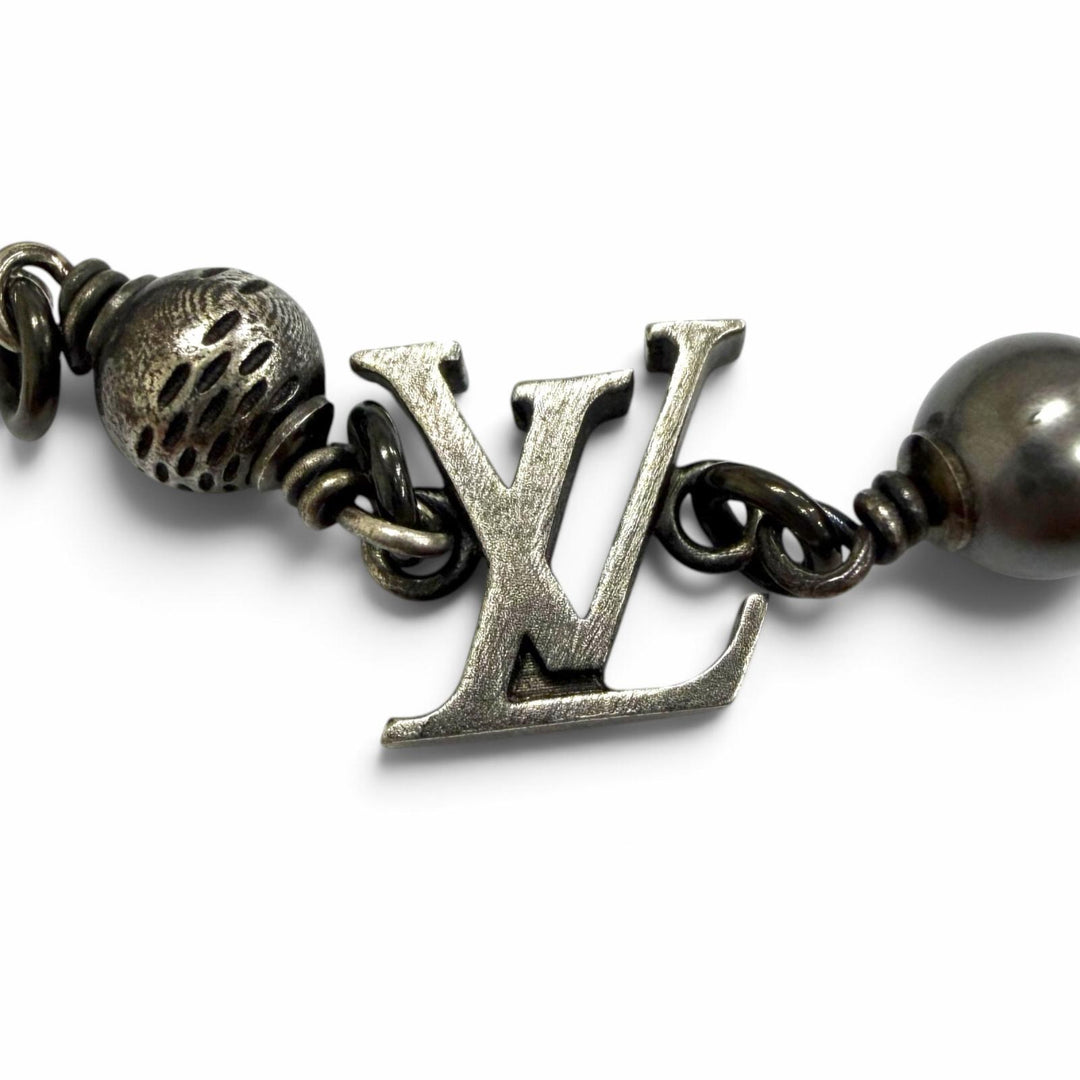 良品□LOUIS VUITTON ルイヴィトン 2025年製 M1391A LV パール モノグラムフラワー ブレスレット ガンメタリック イタリア製 メンズ