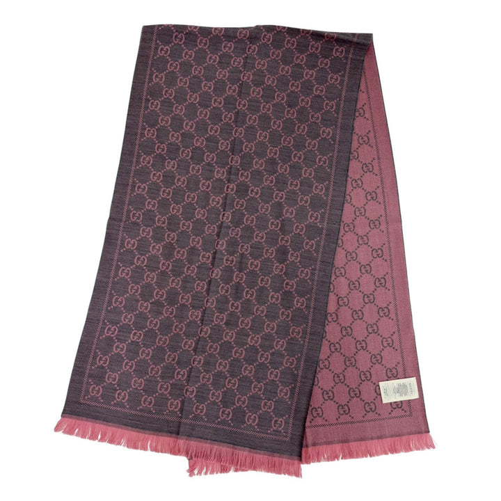 極美品☆GUCCI グッチ 133483 ウール100％ GG柄 フリンジ 大判ショール マフラー グレー ピンク 48×180cm 伊製 正規品 定価73700円 箱付