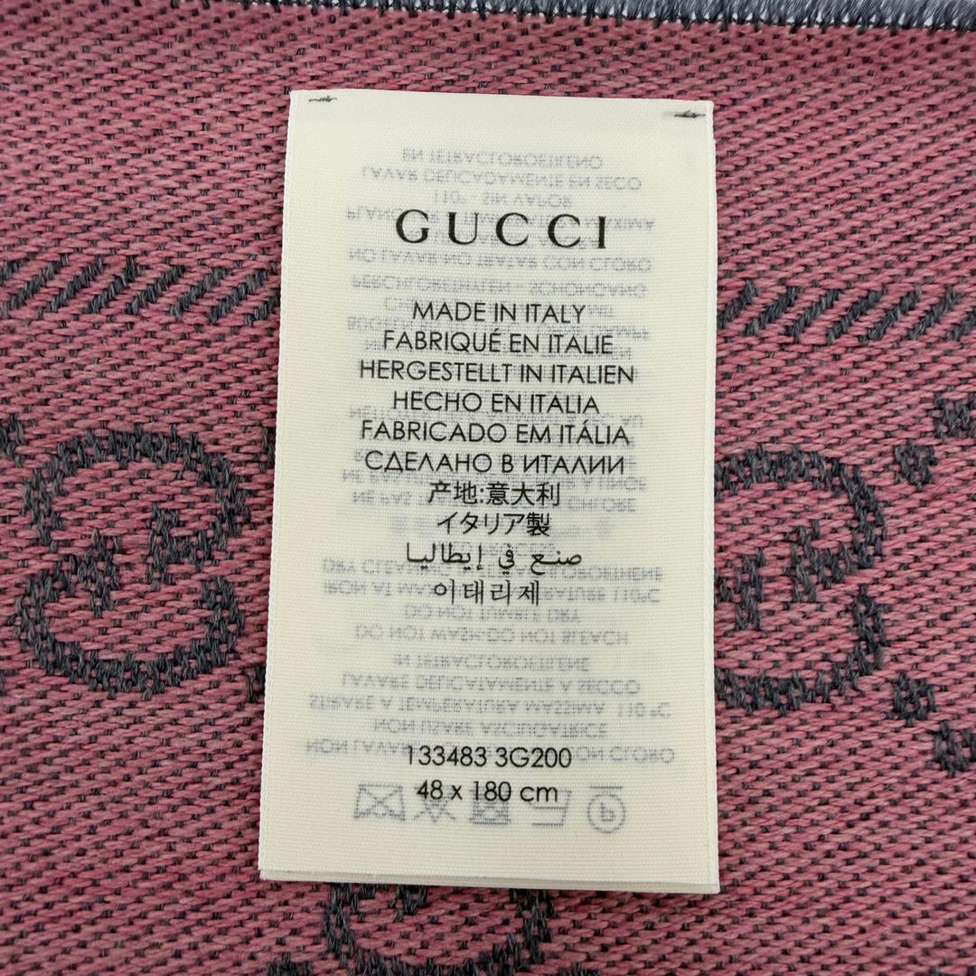 極美品☆GUCCI グッチ 133483 ウール100％ GG柄 フリンジ 大判ショール マフラー グレー ピンク 48×180cm 伊製 正規品 定価73700円 箱付