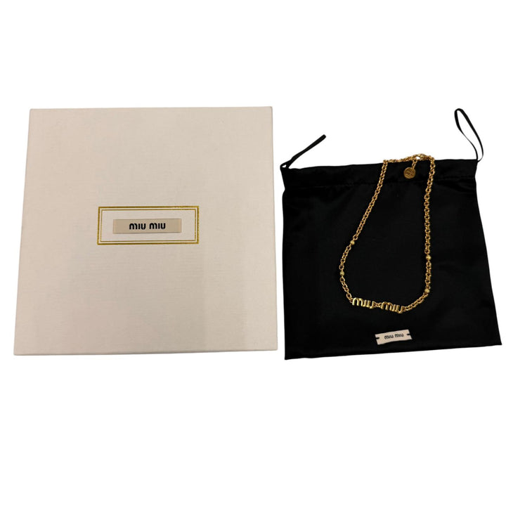 美品☆MIUMIU ミュウミュウ 5IC059 ロゴ チェーン チョーカー ネックレス アクセサリー ゴールド イタリア製 レディース 箱・保存袋付
