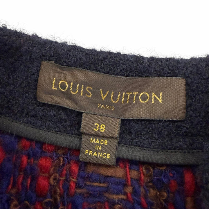 美品☆LOUIS VUITTON ルイヴィトン ウール ツイード ノーカラージャケット マルチカラー ネイビー系 38 フランス製 正規品 レディース