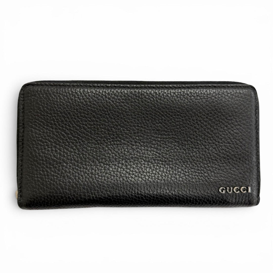 美品△GUCCI グッチ 771154 ロゴ ジップアラウンドウォレット レザー 長財布 シンプル ブラック シルバー金具 イタリア製 メンズ 箱付き