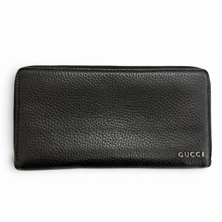 美品△GUCCI グッチ 771154 ロゴ ジップアラウンドウォレット レザー 長財布 シンプル ブラック シルバー金具 イタリア製 メンズ 箱付き