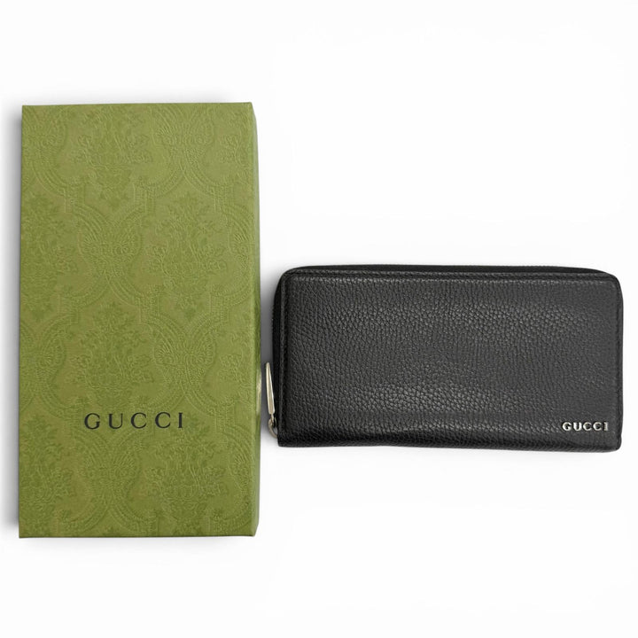 美品△GUCCI グッチ 771154 ロゴ ジップアラウンドウォレット レザー 長財布 シンプル ブラック シルバー金具 イタリア製 メンズ 箱付き