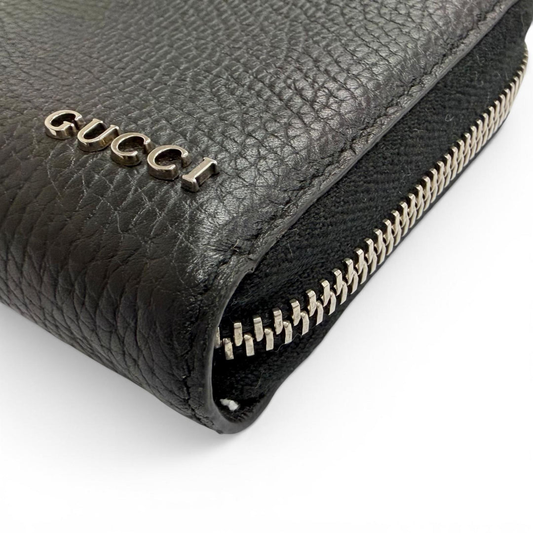 美品△GUCCI グッチ 771154 ロゴ ジップアラウンドウォレット レザー 長財布 シンプル ブラック シルバー金具 イタリア製 メンズ 箱付き