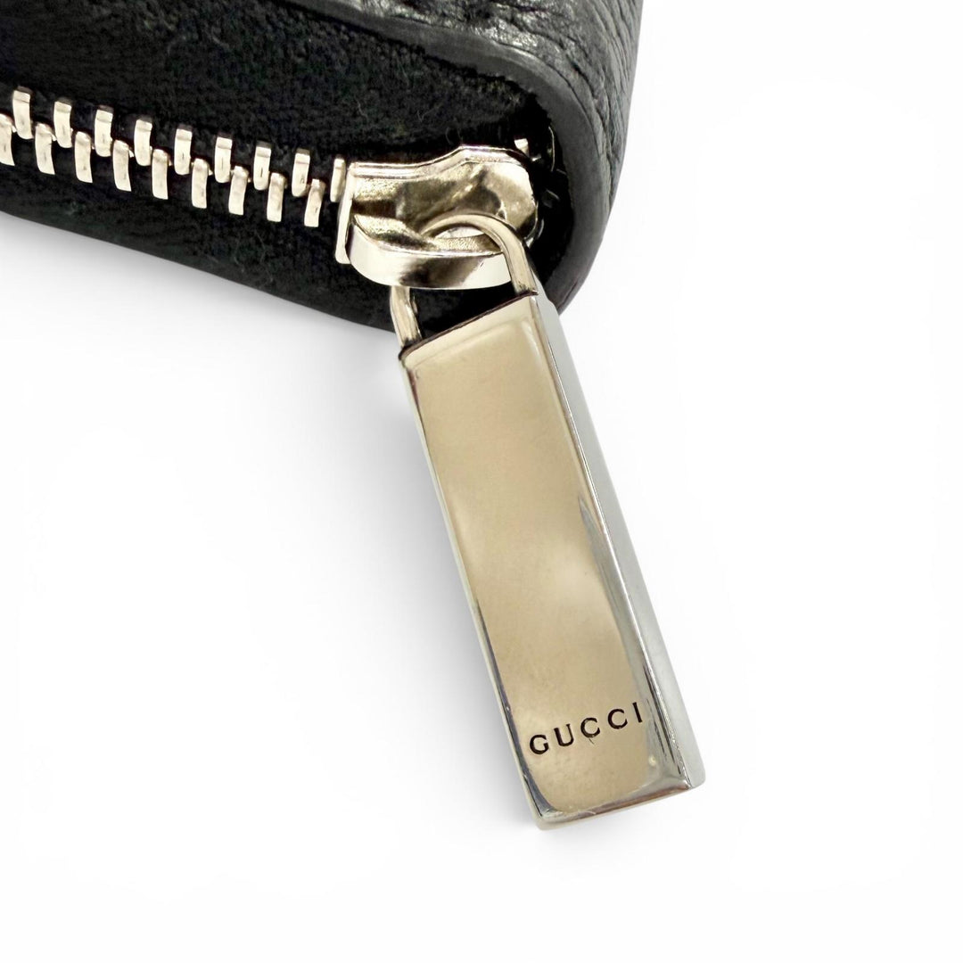 美品△GUCCI グッチ 771154 ロゴ ジップアラウンドウォレット レザー 長財布 シンプル ブラック シルバー金具 イタリア製 メンズ 箱付き