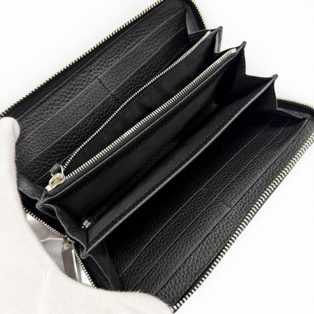 美品△GUCCI グッチ 771154 ロゴ ジップアラウンドウォレット レザー 長財布 シンプル ブラック シルバー金具 イタリア製 メンズ 箱付き