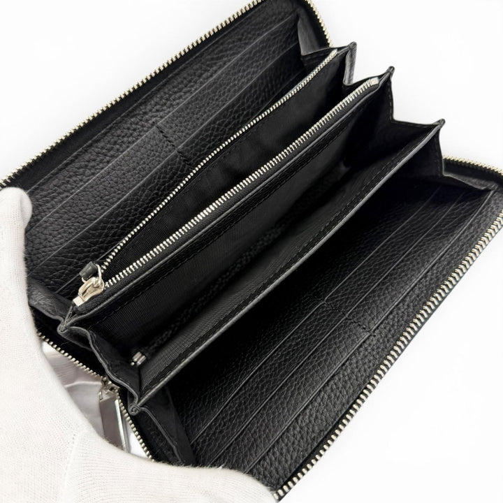 美品△GUCCI グッチ 771154 ロゴ ジップアラウンドウォレット レザー 長財布 シンプル ブラック シルバー金具 イタリア製 メンズ 箱付き