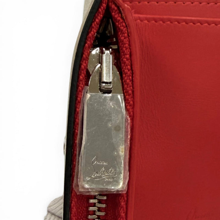 極美品★Christian Louboutin クリスチャンルブタン パール調スタッズ レザー コンパクトウォレット 三つ折り財布 ベージュ系