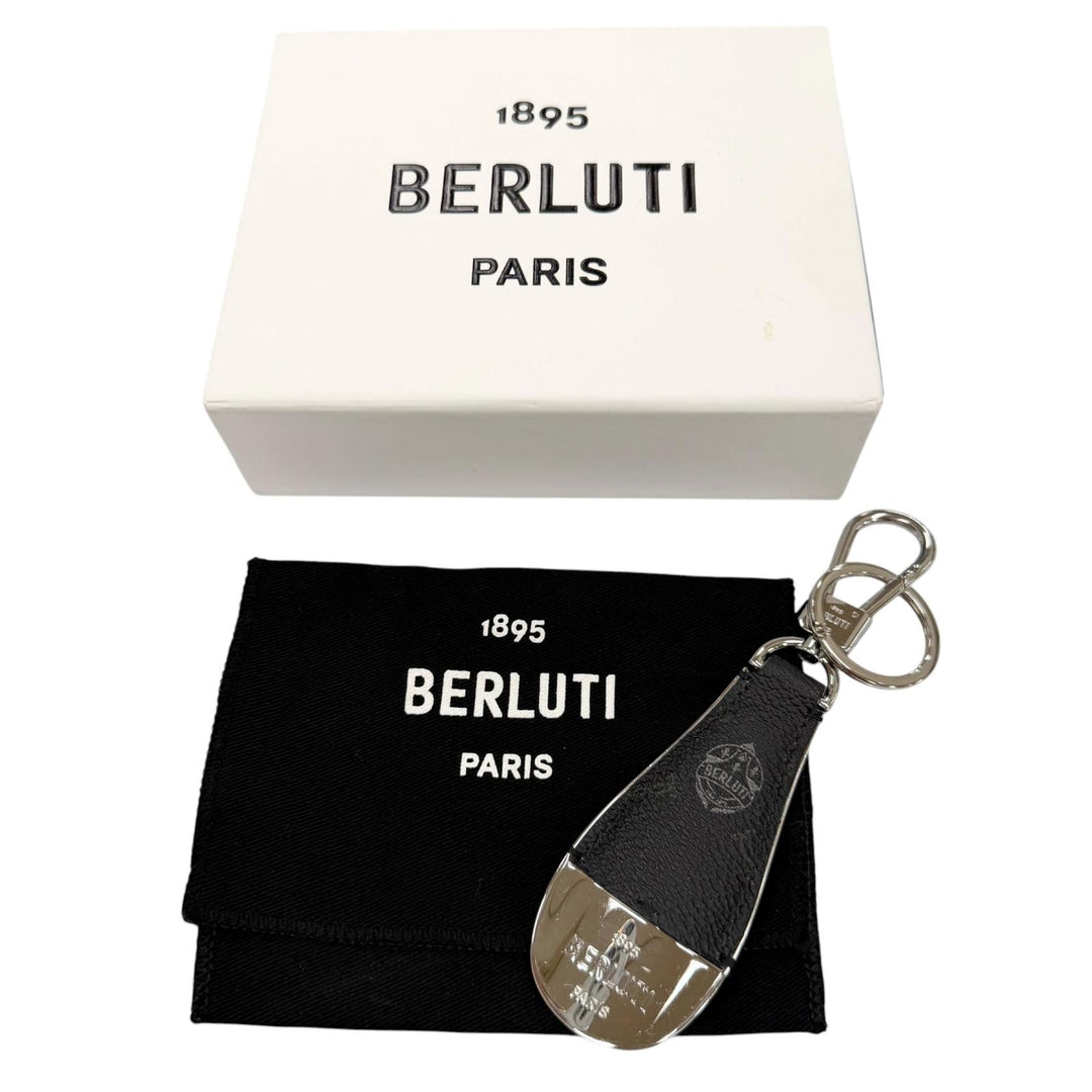 美品▼BERLUTI ベルルッティ レザーコンビ シューホーン 靴ベラ キーリング シルバー ブラック イタリア製 メンズ 箱・保存袋付き