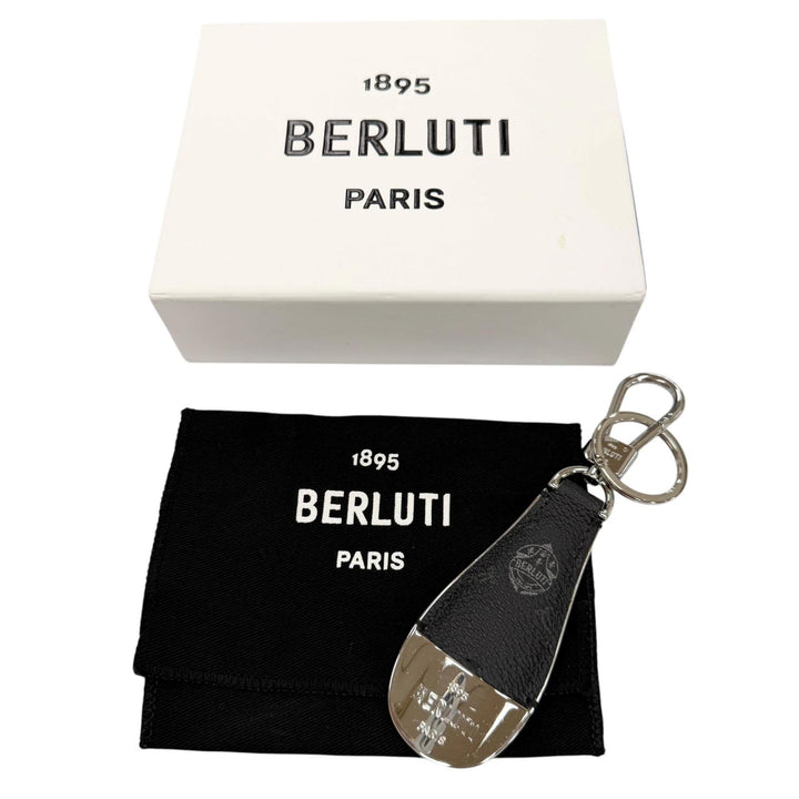 美品▼BERLUTI ベルルッティ レザーコンビ シューホーン 靴ベラ キーリング シルバー ブラック イタリア製 メンズ 箱・保存袋付き
