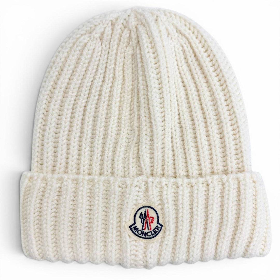 極美品△MONCLER モンクレール BERRETTO TRICOT ウール100％ ロゴワッペン 三角 ニット帽 ニットキャップ ビーニー アイボリー 正規品