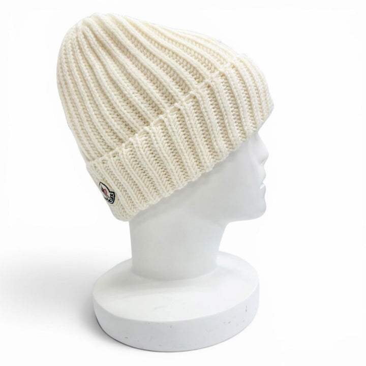 極美品△MONCLER モンクレール BERRETTO TRICOT ウール100％ ロゴワッペン 三角 ニット帽 ニットキャップ ビーニー アイボリー 正規品
