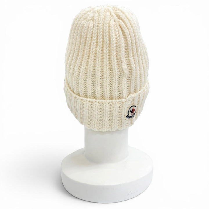 極美品△MONCLER モンクレール BERRETTO TRICOT ウール100％ ロゴワッペン 三角 ニット帽 ニットキャップ ビーニー アイボリー 正規品