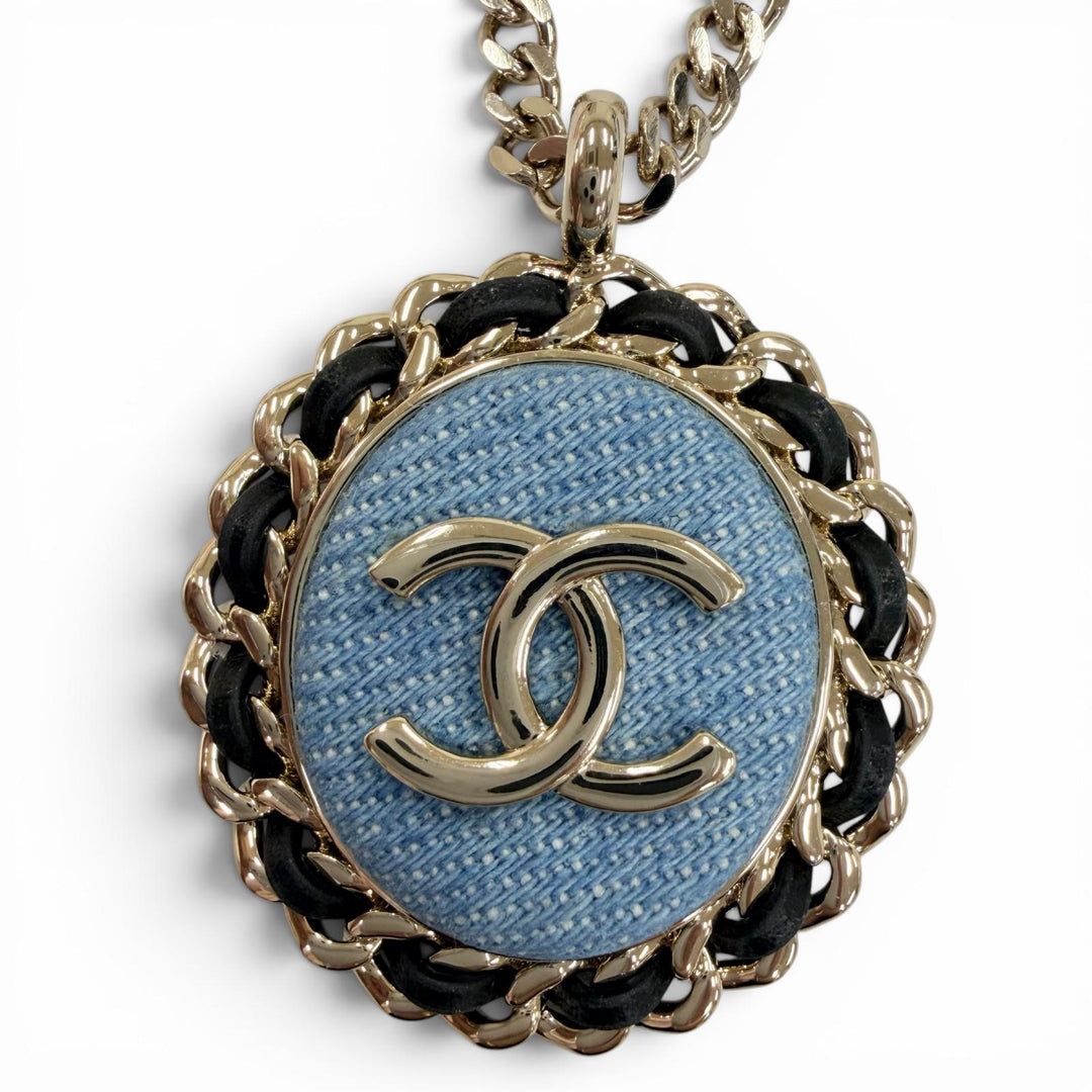 極美品☆CHANEL シャネル 2025年製 B25P ココマーク デニムデザイン チェーン ネックレス インディゴブルー ゴールド金具 レディース