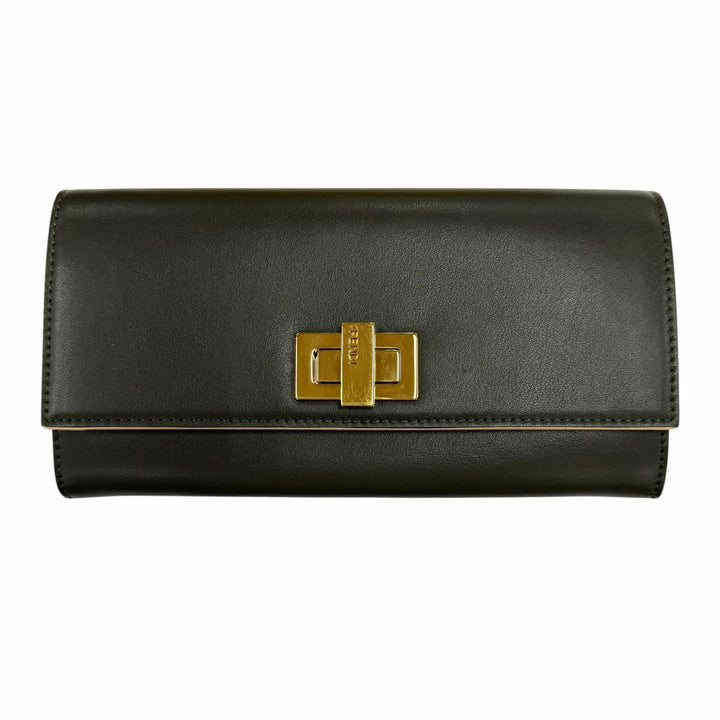美品◇FENDI フェンディ 8M0377 ピーカブー レザー コンチネンタル ロングウォレット 長財布 ダークグリーン ゴールド金具 イタリア製