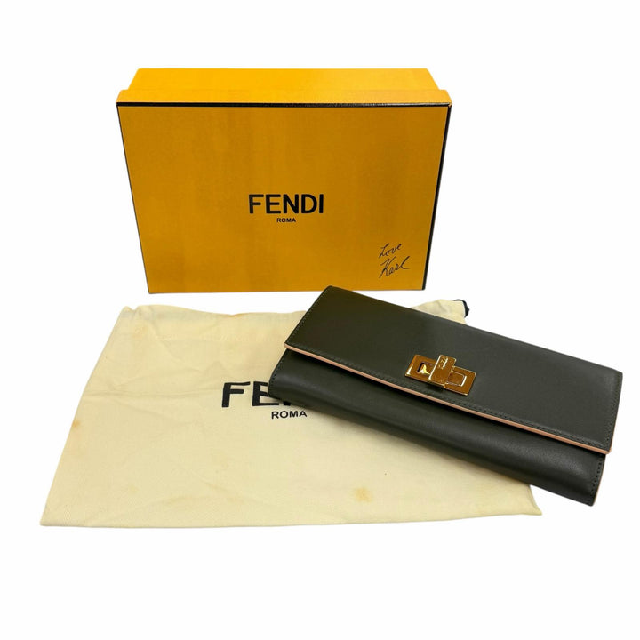 美品◇FENDI フェンディ 8M0377 ピーカブー レザー コンチネンタル ロングウォレット 長財布 ダークグリーン ゴールド金具 イタリア製