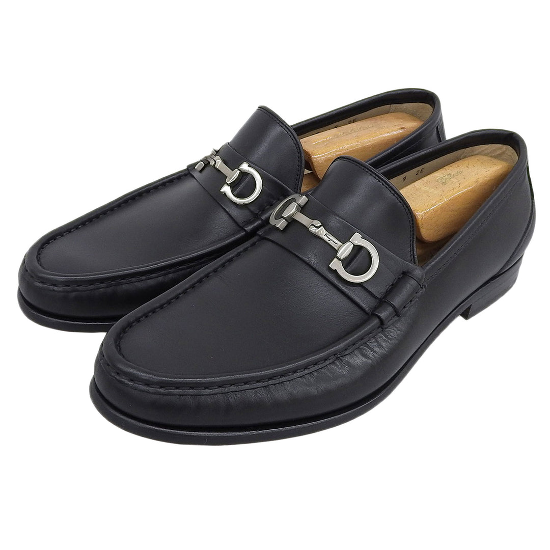 未使用品▲Salvatore Ferragamo サルヴァトーレフェラガモ GIOSTRA ダブルガンチーニ レザーシューズ ブラック シルバー金具 9 メンズ