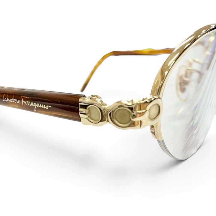 美品△Salvatore Ferragamo サルヴァトーレフェラガモ 1539K K18 750 ガンチーニ メガネ ゴールド ブラウン 51□19 135 度入 総重量28.1g