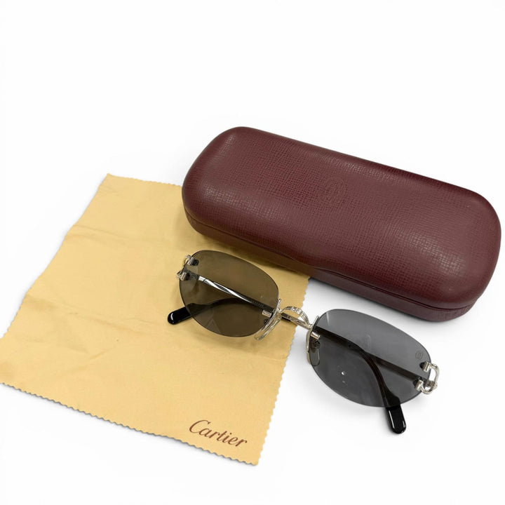 美品▼Cartier カルティエ ツーポイント リムレス アイウェア サングラス シルバー ブラック □18 130 デモレンズ フランス製 メンズ