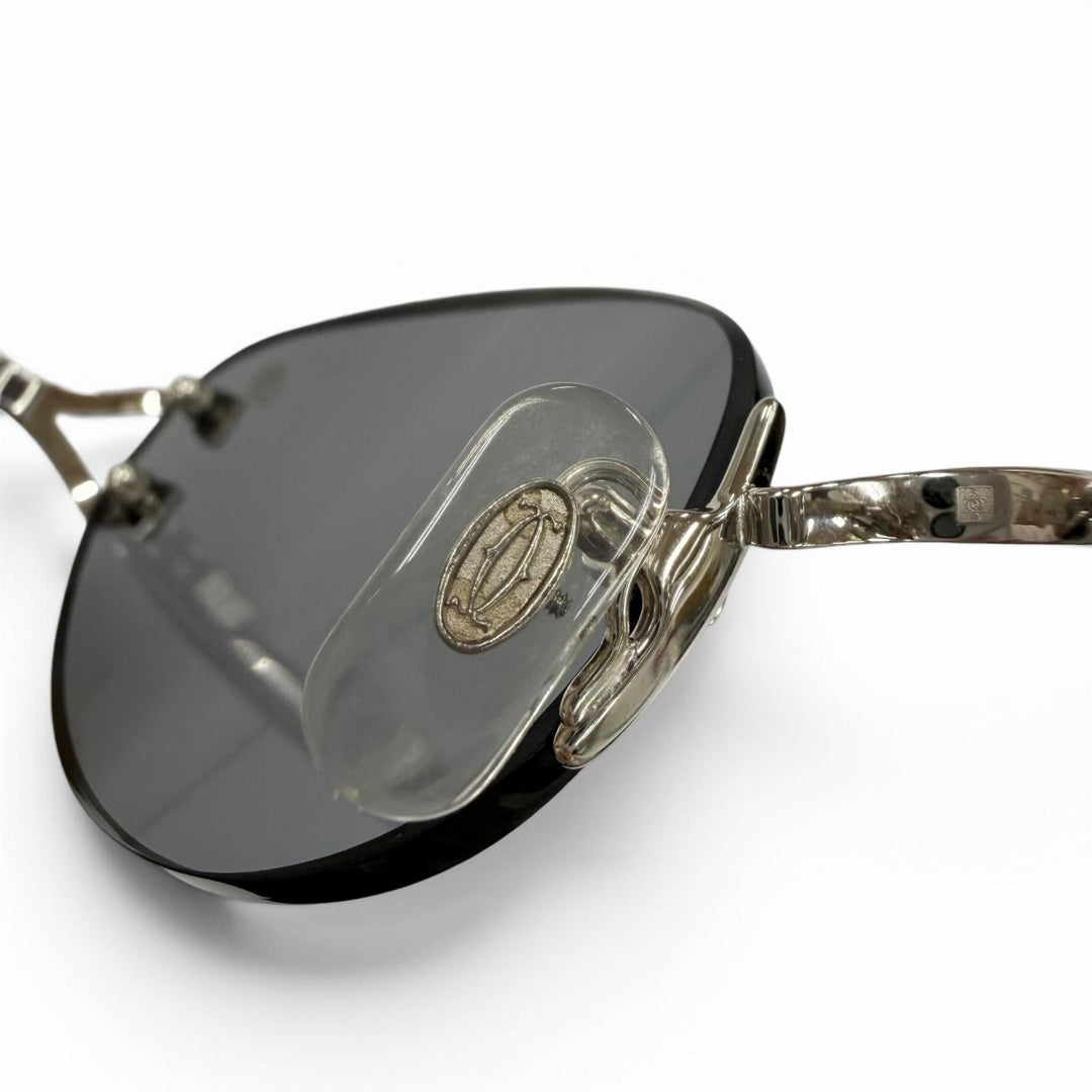 美品▼Cartier カルティエ ツーポイント リムレス アイウェア サングラス シルバー ブラック □18 130 デモレンズ フランス製 メンズ