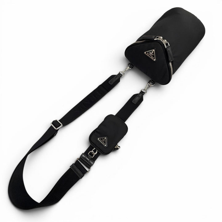 良品▼PRADA プラダ 2VH147 Re-Nylon トライアングルロゴ 三角プレート ポーチ付き ショルダーバッグ ブラック シルバー金具 保存袋付き