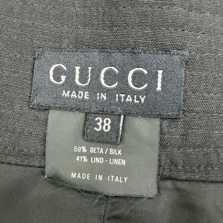 美品☆GUCCI グッチ シルク リネン トムフォード期 ロゴボタン付 ベルト付 タイト ラップスカート ブラック 38 イタリア製 レディース