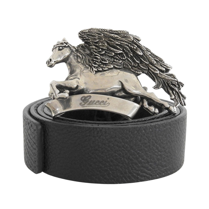 美品▲GUCCI グッチ 256262 ペガサスバックル レザー ベルト ブラック シルバー金具 95・38 イタリア製 メンズ