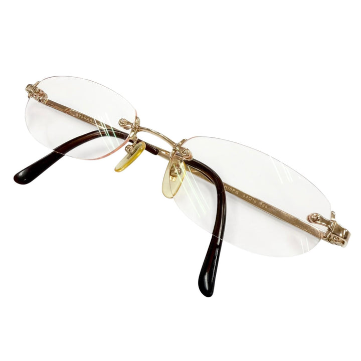美品▼BVLGARI ブルガリ K18PG ツーポイント リムレス カラーレンズ メガネ 眼鏡 アイウェア ゴールド 54□19 135 度入り 総重量29.6g