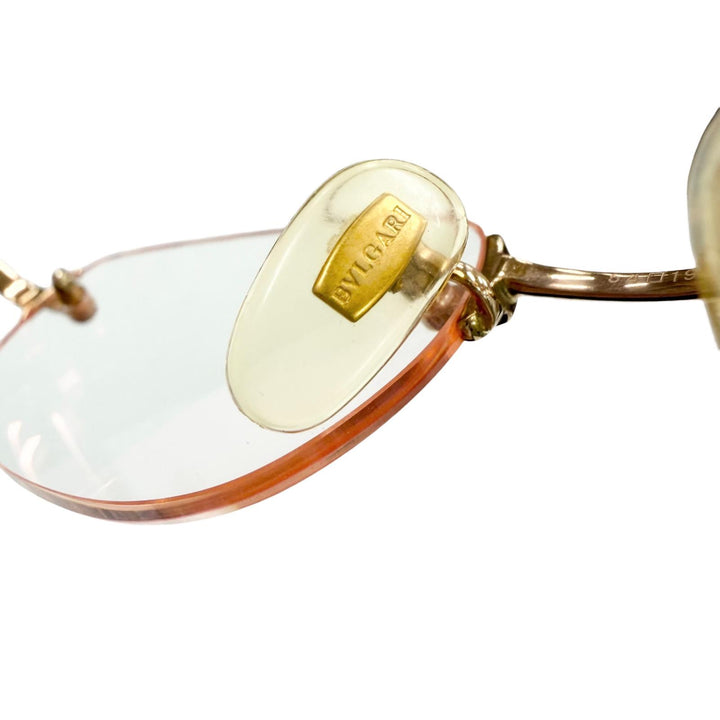 美品▼BVLGARI ブルガリ K18PG ツーポイント リムレス カラーレンズ メガネ 眼鏡 アイウェア ゴールド 54□19 135 度入り 総重量29.6g
