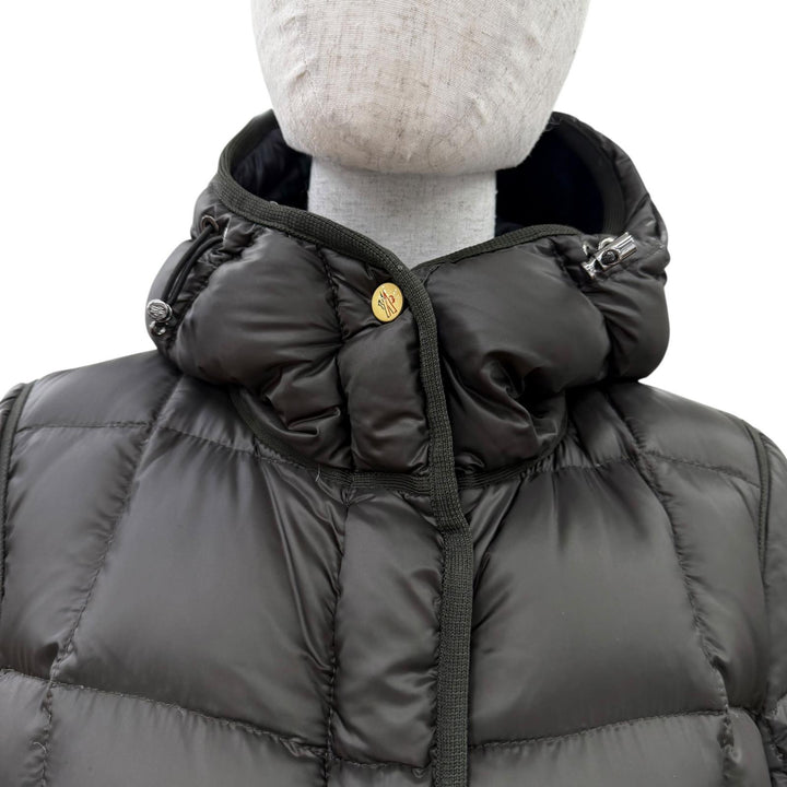 極美品☆MONCLER モンクレール BUIS ロゴワッペン・フード付 ZIP UP ダウンジャケット ダウンコート カーキブラウン 1 レディース