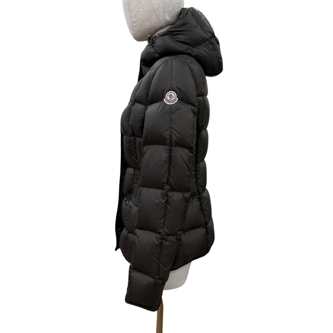 極美品☆MONCLER モンクレール BUIS ロゴワッペン・フード付 ZIP UP ダウンジャケット ダウンコート カーキブラウン 1 レディース