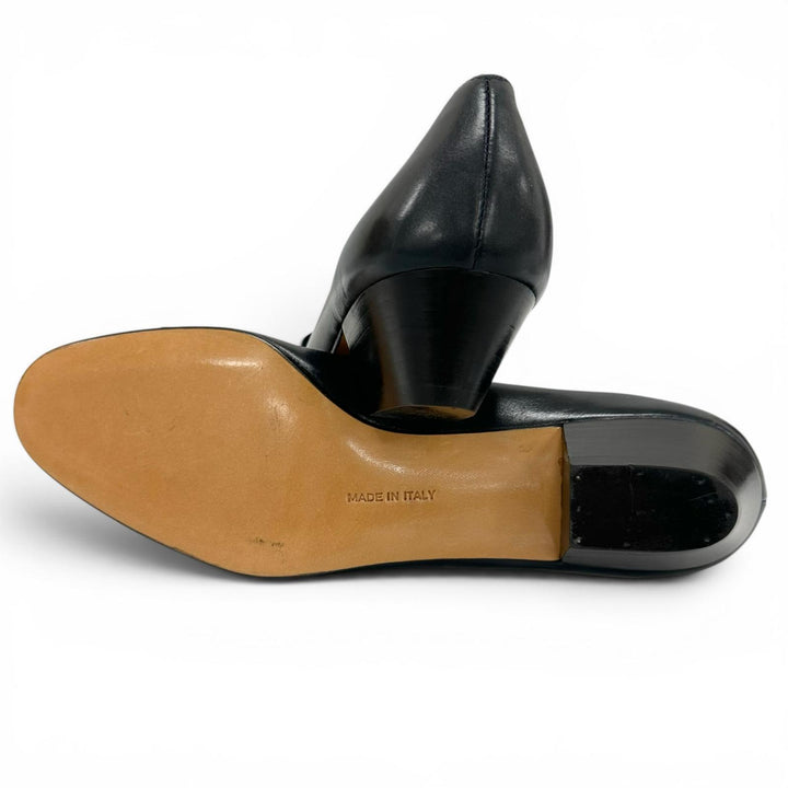 未使用品▲Salvatore Ferragamo サルヴァトーレフェラガモ ヴァラリボン ラウンドトゥ レザー パンプス ネイビー ゴールド金具 6.5 伊製