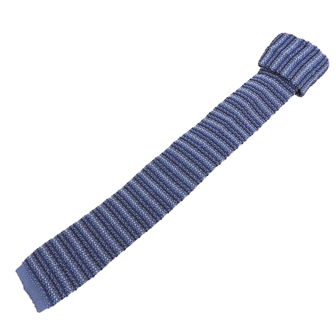 極美品▲HERMES エルメス シルク100％ ボーダー柄 Hロゴ刺繍 ニット ネクタイ ブルー ドイツ製 メンズ