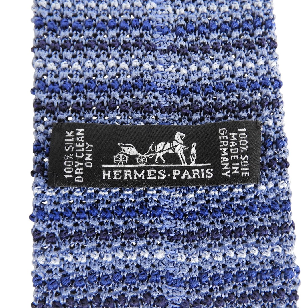 極美品▲HERMES エルメス シルク100％ ボーダー柄 Hロゴ刺繍 ニット ネクタイ ブルー ドイツ製 メンズ